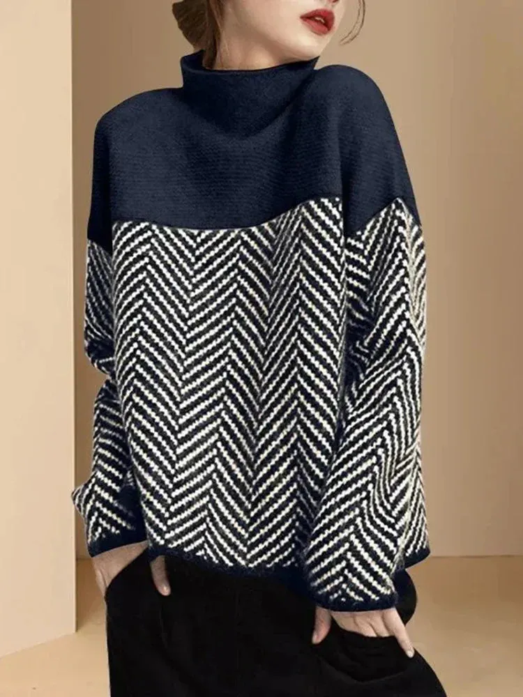 Ivyshape | Collarless Striped Sweatshirt