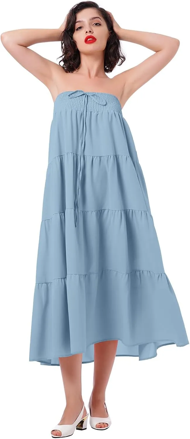 IWEMEK Women Boho Elastic Waist A Line Ruffle Beach Convertible Maxi Skirt Dress Tired Pleated Drawstring Chiffon Long Skirts