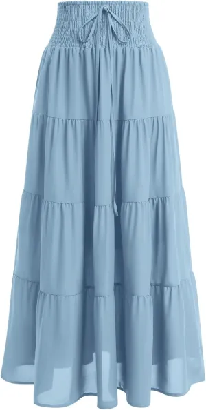 IWEMEK Women Boho Elastic Waist A Line Ruffle Beach Convertible Maxi Skirt Dress Tired Pleated Drawstring Chiffon Long Skirts
