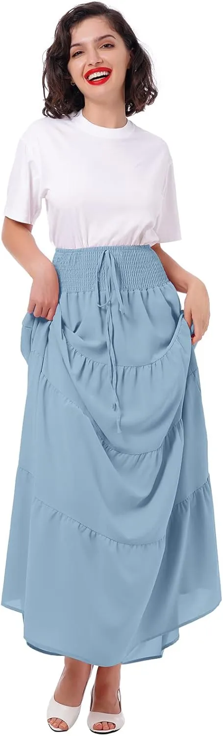 IWEMEK Women Boho Elastic Waist A Line Ruffle Beach Convertible Maxi Skirt Dress Tired Pleated Drawstring Chiffon Long Skirts