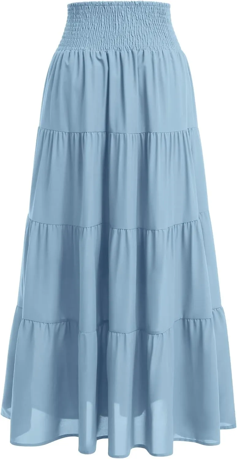 IWEMEK Women Boho Elastic Waist A Line Ruffle Beach Convertible Maxi Skirt Dress Tired Pleated Drawstring Chiffon Long Skirts