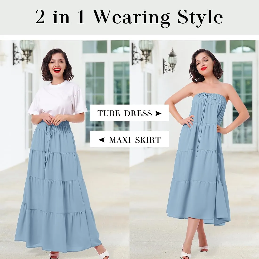 IWEMEK Women Boho Elastic Waist A Line Ruffle Beach Convertible Maxi Skirt Dress Tired Pleated Drawstring Chiffon Long Skirts