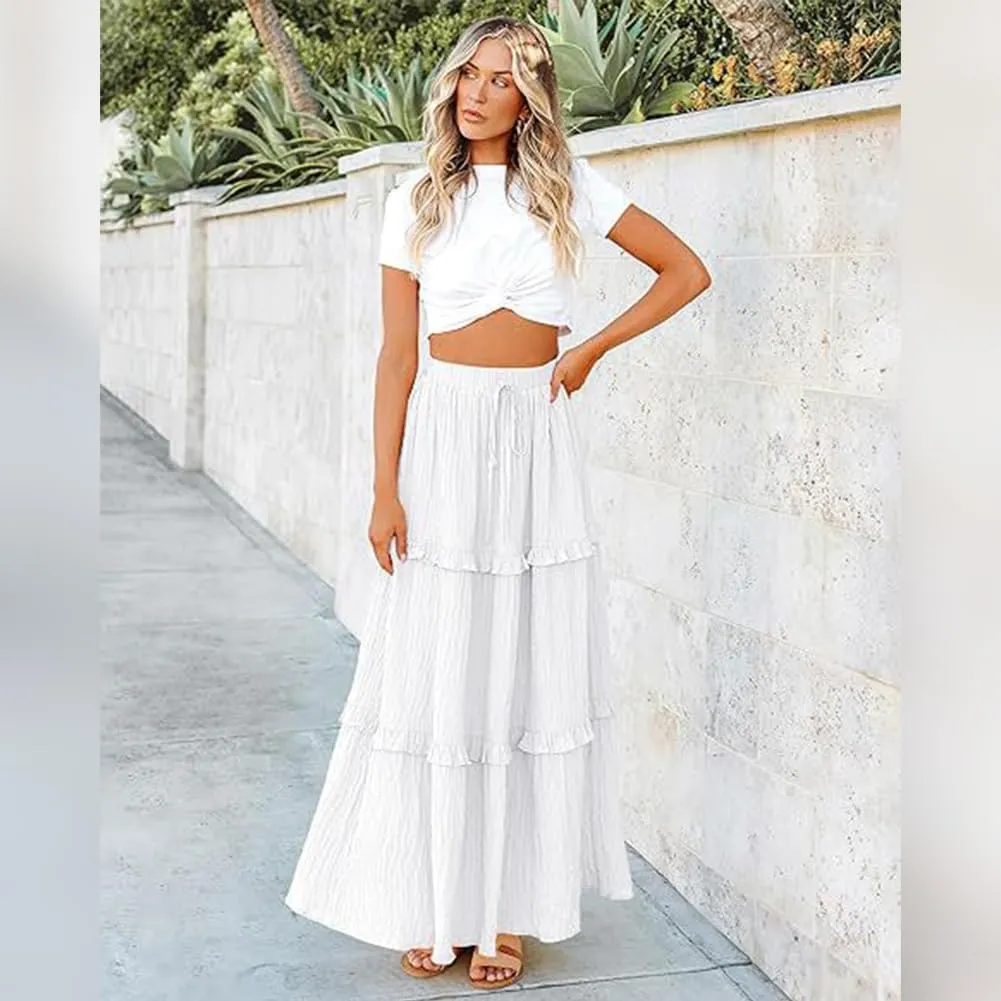 IWEMEK Women Summer Boho Flowy Swing Tiered A-Line Midi Skirt Ruffle Elastic High Waist Casual Holiday Beach Party Long Skirt