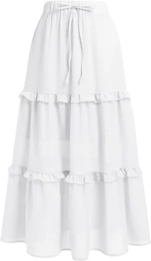 IWEMEK Women Summer Boho Flowy Swing Tiered A-Line Midi Skirt Ruffle Elastic High Waist Casual Holiday Beach Party Long Skirt