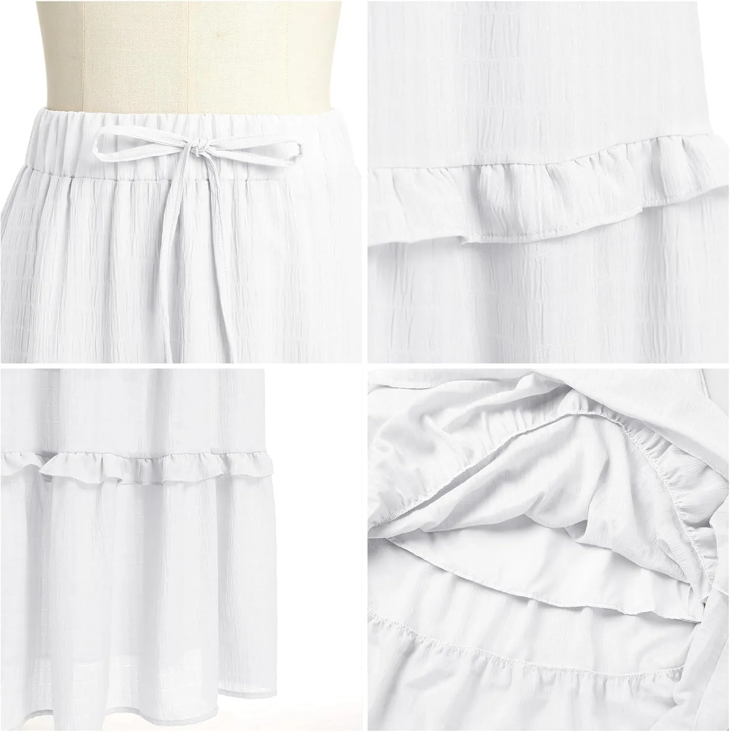 IWEMEK Women Summer Boho Flowy Swing Tiered A-Line Midi Skirt Ruffle Elastic High Waist Casual Holiday Beach Party Long Skirt