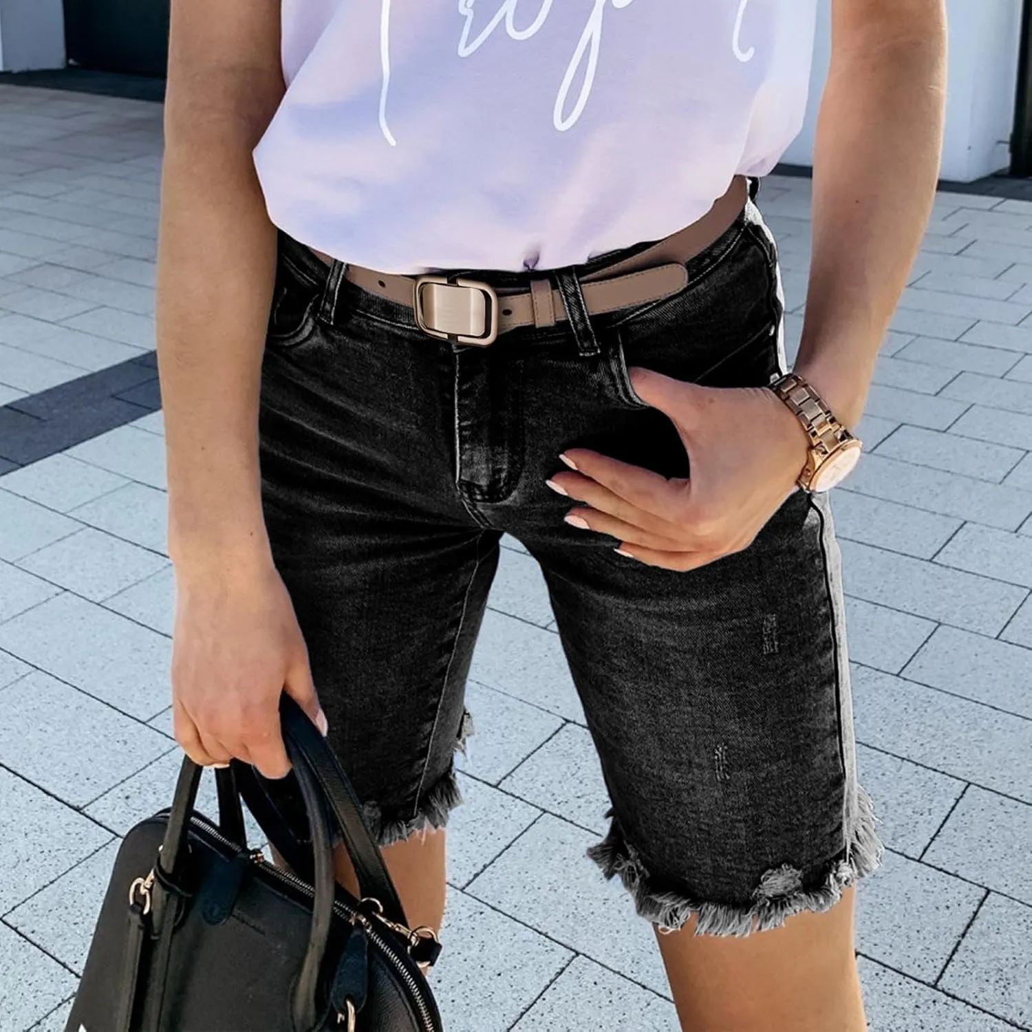 Jean Shorts for Women 2025 Trendy High Waisted Stretchy Denim Summer Casual Raw Hem Mom Long Shorts Cutoff Pants