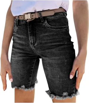 Jean Shorts for Women 2025 Trendy High Waisted Stretchy Denim Summer Casual Raw Hem Mom Long Shorts Cutoff Pants