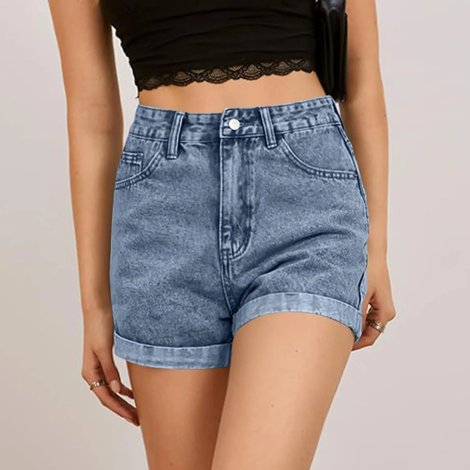 Jean Shorts Womens 2025 Summer High Waisted Stretchy Casual Rolled Hem Denim Shorts A-Line Hot Pants with Pockets