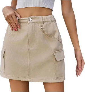 Jean Skirts for Women Denim Cargo Skirt High Waisted Mini Skirt Elastic Pencil Skirt Casual Summer Skirts with Pocket