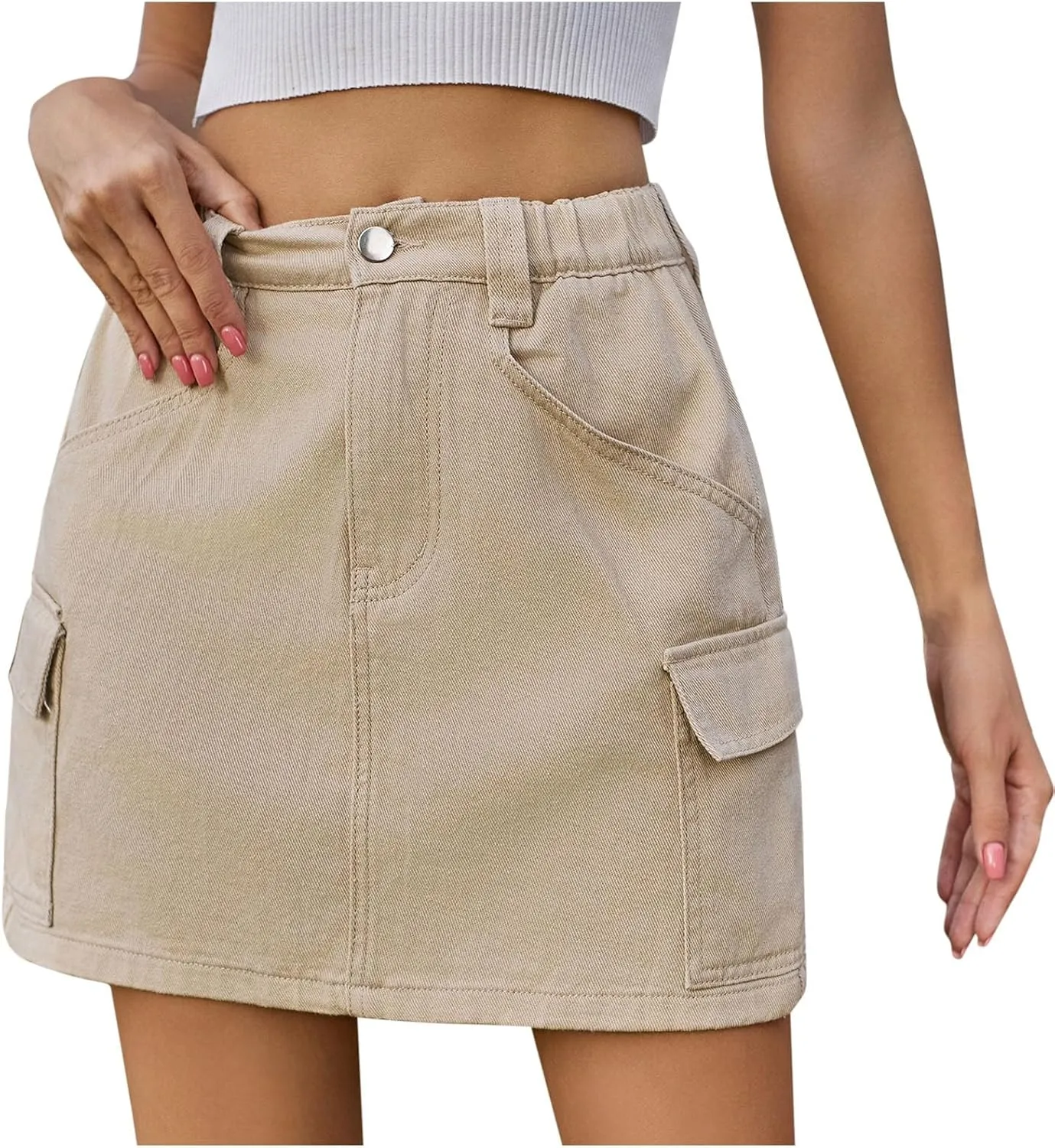 Jean Skirts for Women Denim Cargo Skirt High Waisted Mini Skirt Elastic Pencil Skirt Casual Summer Skirts with Pocket
