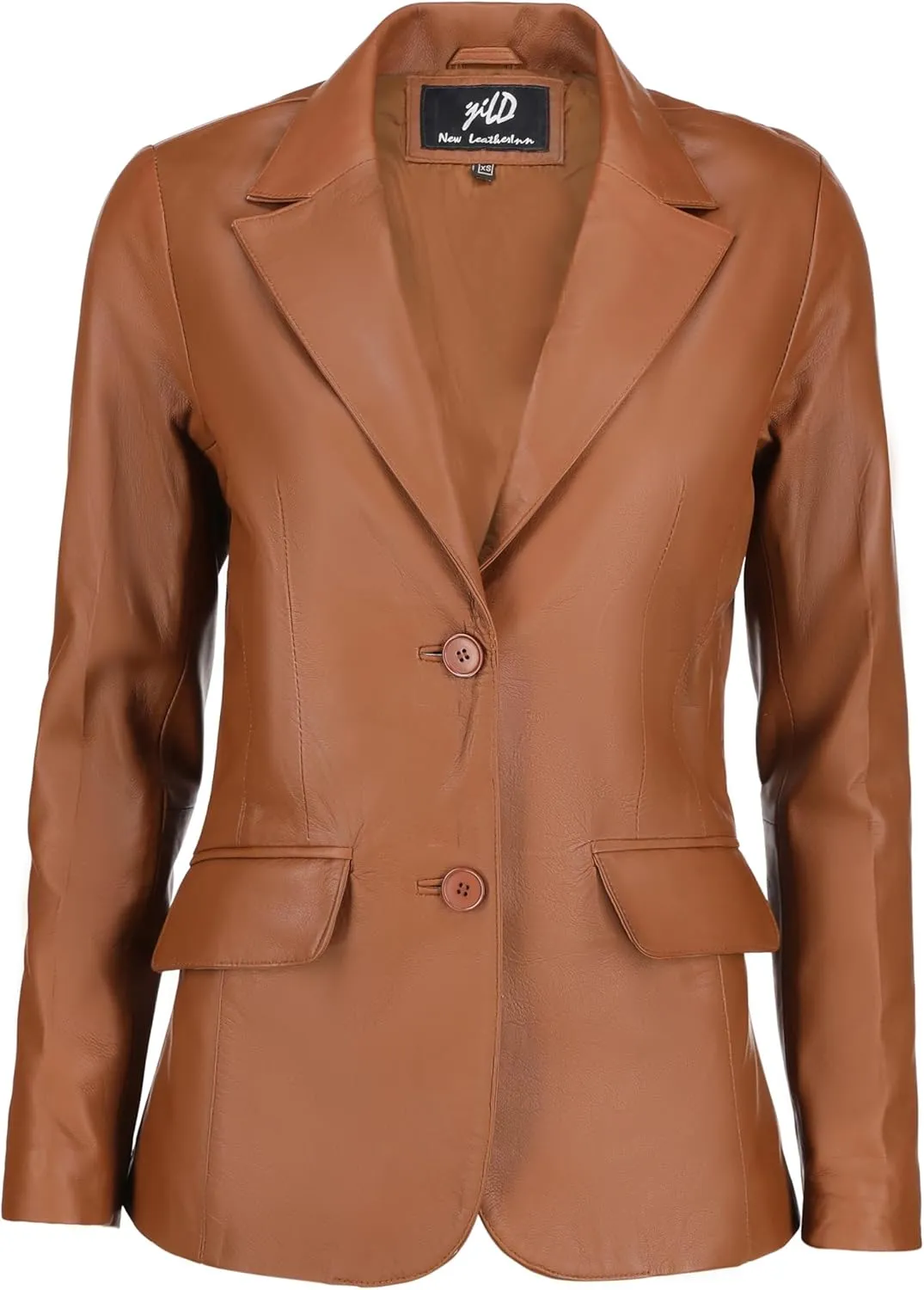 Jild Classic 2-Button Lambskin Leather Blazer Women - Casual Coat Long Sleeves Suit Style Leather Jacket Women