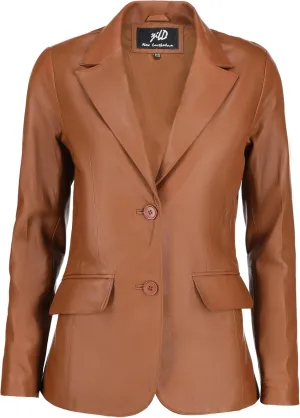 Jild Classic 2-Button Lambskin Leather Blazer Women - Casual Coat Long Sleeves Suit Style Leather Jacket Women