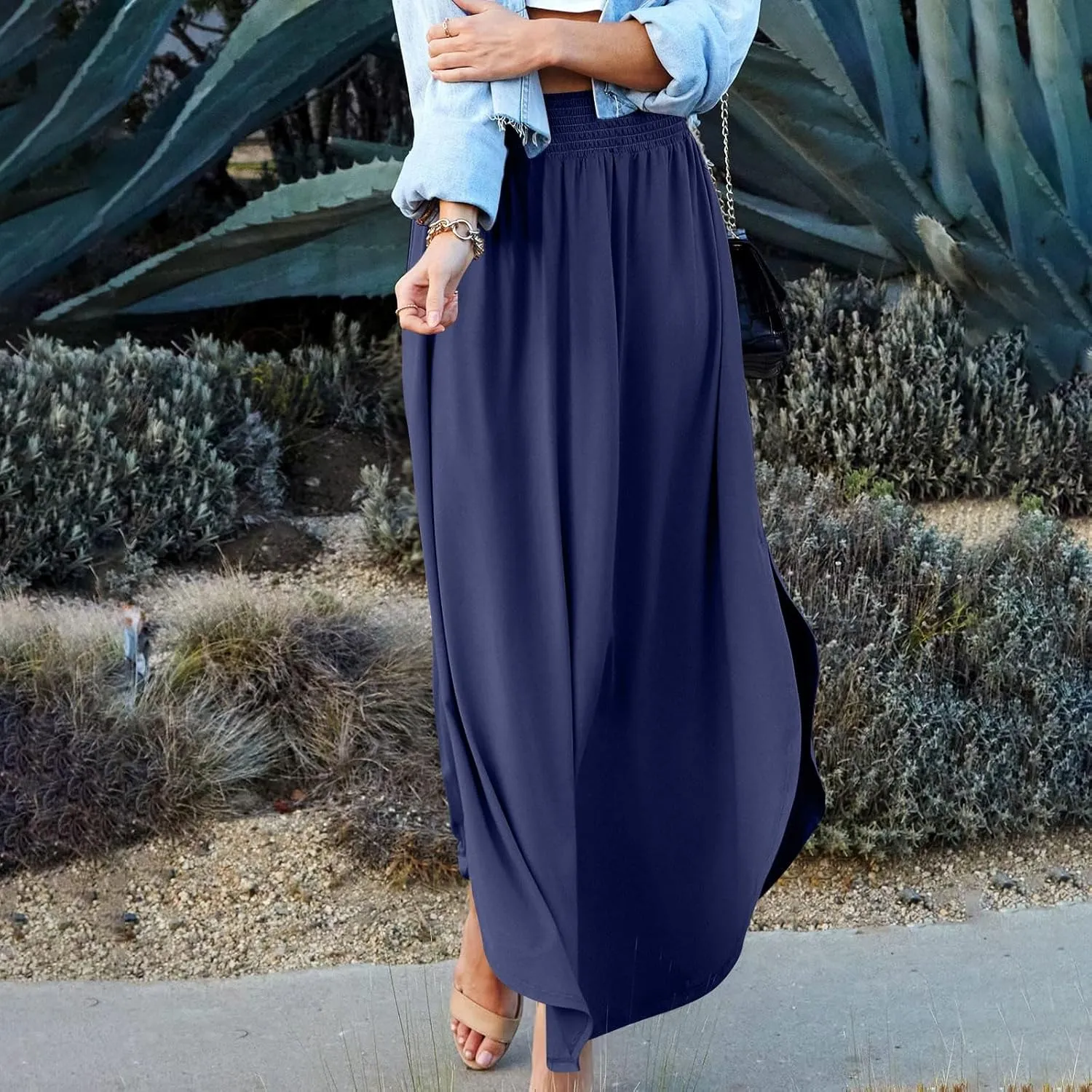 JJHAEVDY Skirts for Women Solid Irregular Hem Maxi Skirt Elastic High Waisted Skirts Loose Casual Fashion Skirts with Pockets