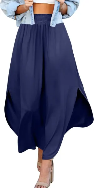 JJHAEVDY Skirts for Women Solid Irregular Hem Maxi Skirt Elastic High Waisted Skirts Loose Casual Fashion Skirts with Pockets