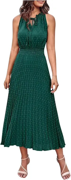 JOAU Women Summer Casual Sleeveless Tank Dress Casual V-Neck Tie Pom Poms Sundress Smocked Waist Flowy Maxi Beach Dresses