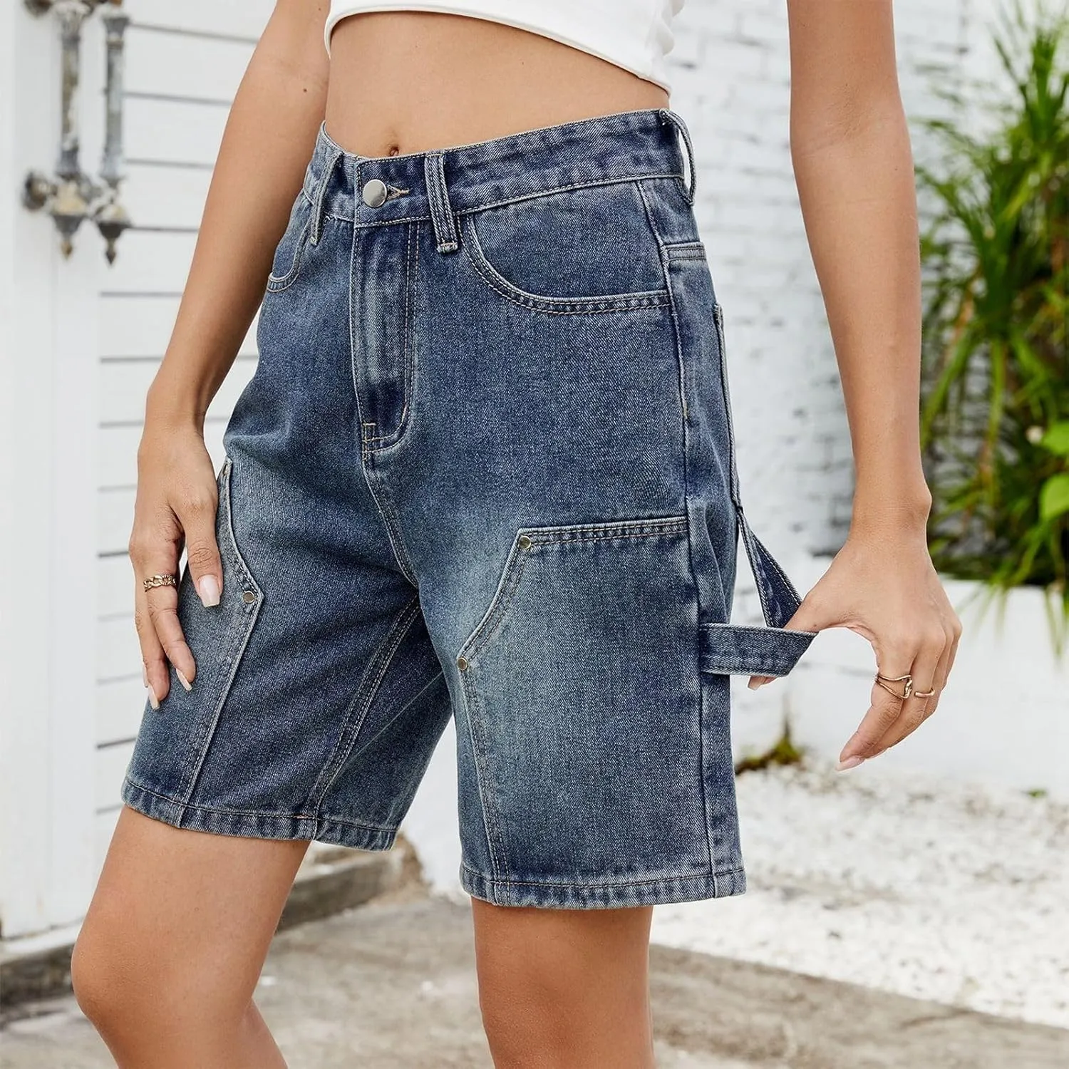 Jorts Women Baggy Mid Thigh Cargo Jean Shorts Wide Leg Denim Bermuda Shorts Knee Length Trendy High Waisted Jeans