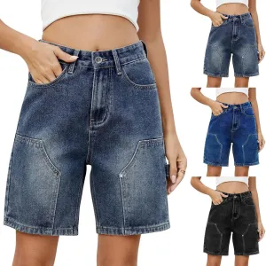 Jorts Women Baggy Mid Thigh Cargo Jean Shorts Wide Leg Denim Bermuda Shorts Knee Length Trendy High Waisted Jeans