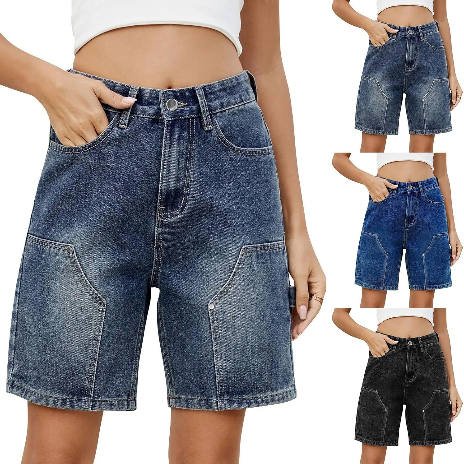 Jorts Women Baggy Mid Thigh Cargo Jean Shorts Wide Leg Denim Bermuda Shorts Knee Length Trendy High Waisted Jeans
