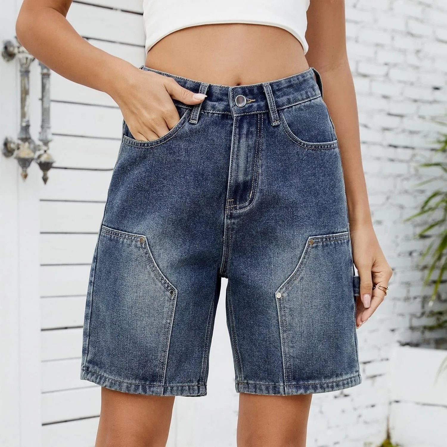 Jorts Women Baggy Mid Thigh Cargo Jean Shorts Wide Leg Denim Bermuda Shorts Knee Length Trendy High Waisted Jeans