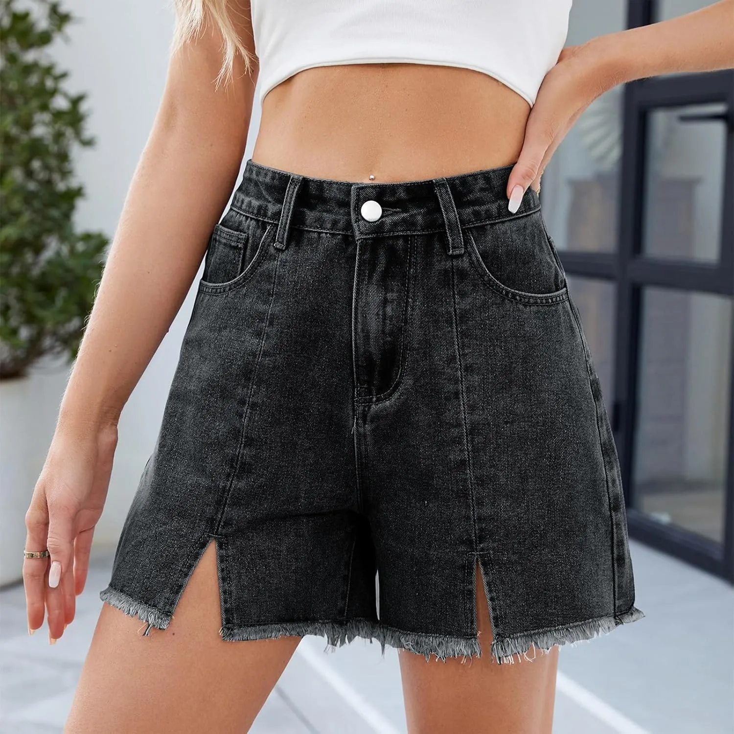 Jorts Women Cut Off High Waisted Long Jean Shorts Wide Leg Denim Bermuda Shorts Knee Length Frayed Hem Jeans