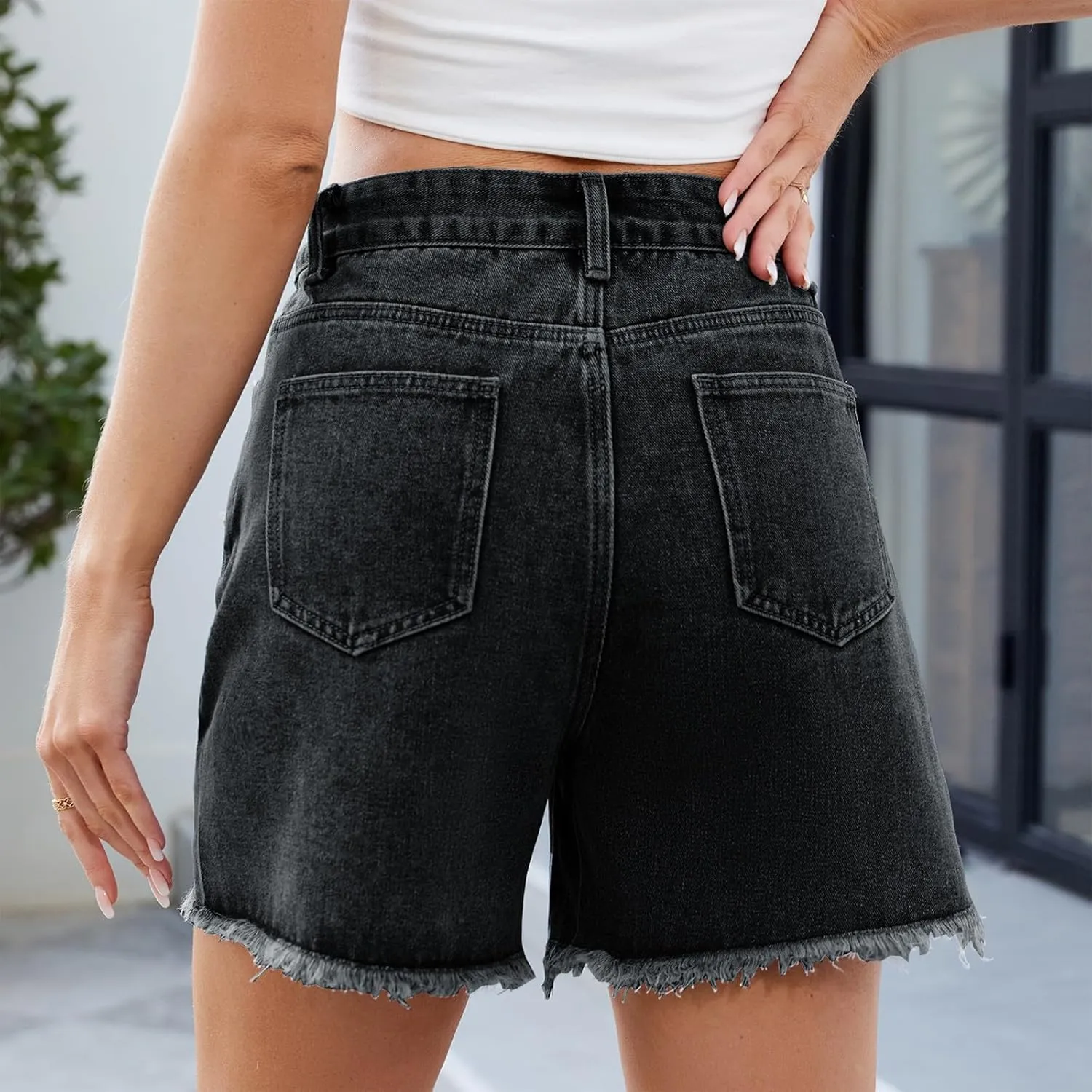 Jorts Women Cut Off High Waisted Long Jean Shorts Wide Leg Denim Bermuda Shorts Knee Length Frayed Hem Jeans
