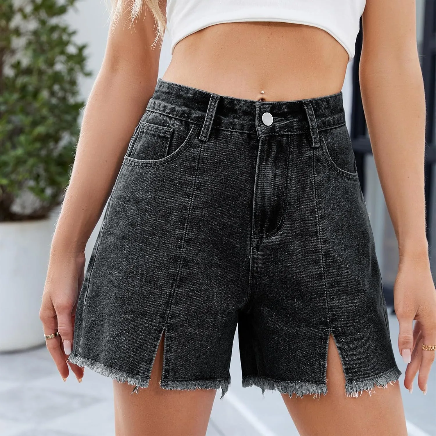 Jorts Women Cut Off High Waisted Long Jean Shorts Wide Leg Denim Bermuda Shorts Knee Length Frayed Hem Jeans