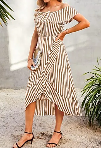 KIRUNDO 2023 Women's Summer Off Shoulder Midi Dress Striped High Waist Split Ruffle Flowy Beach Long Dresses(Orange Yellow, XX-Large)