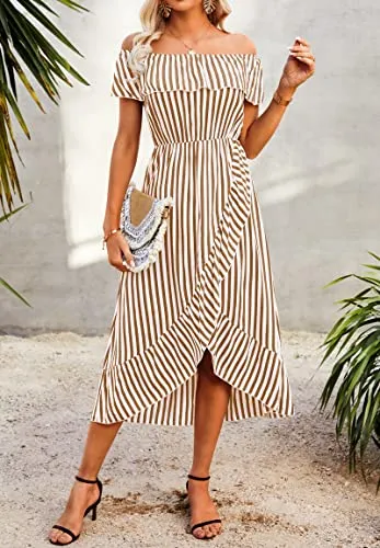 KIRUNDO 2023 Women's Summer Off Shoulder Midi Dress Striped High Waist Split Ruffle Flowy Beach Long Dresses(Orange Yellow, XX-Large)