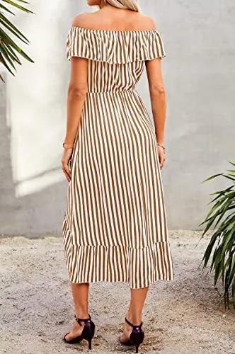 KIRUNDO 2023 Women's Summer Off Shoulder Midi Dress Striped High Waist Split Ruffle Flowy Beach Long Dresses(Orange Yellow, XX-Large)