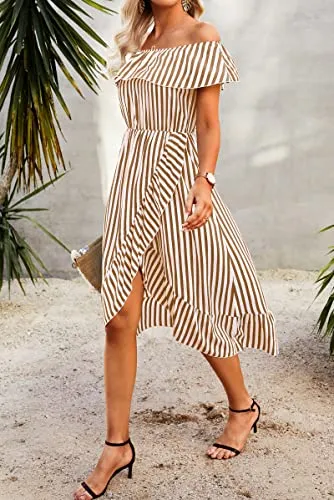 KIRUNDO 2023 Women's Summer Off Shoulder Midi Dress Striped High Waist Split Ruffle Flowy Beach Long Dresses(Orange Yellow, XX-Large)