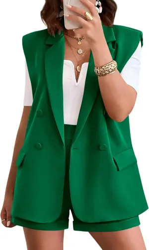 KIRUNDO Womens 2 Piece Sets Summer 2025 Dressy Sleeveless Blazer and High Waist Shorts Set Suit Business Casual Outfits