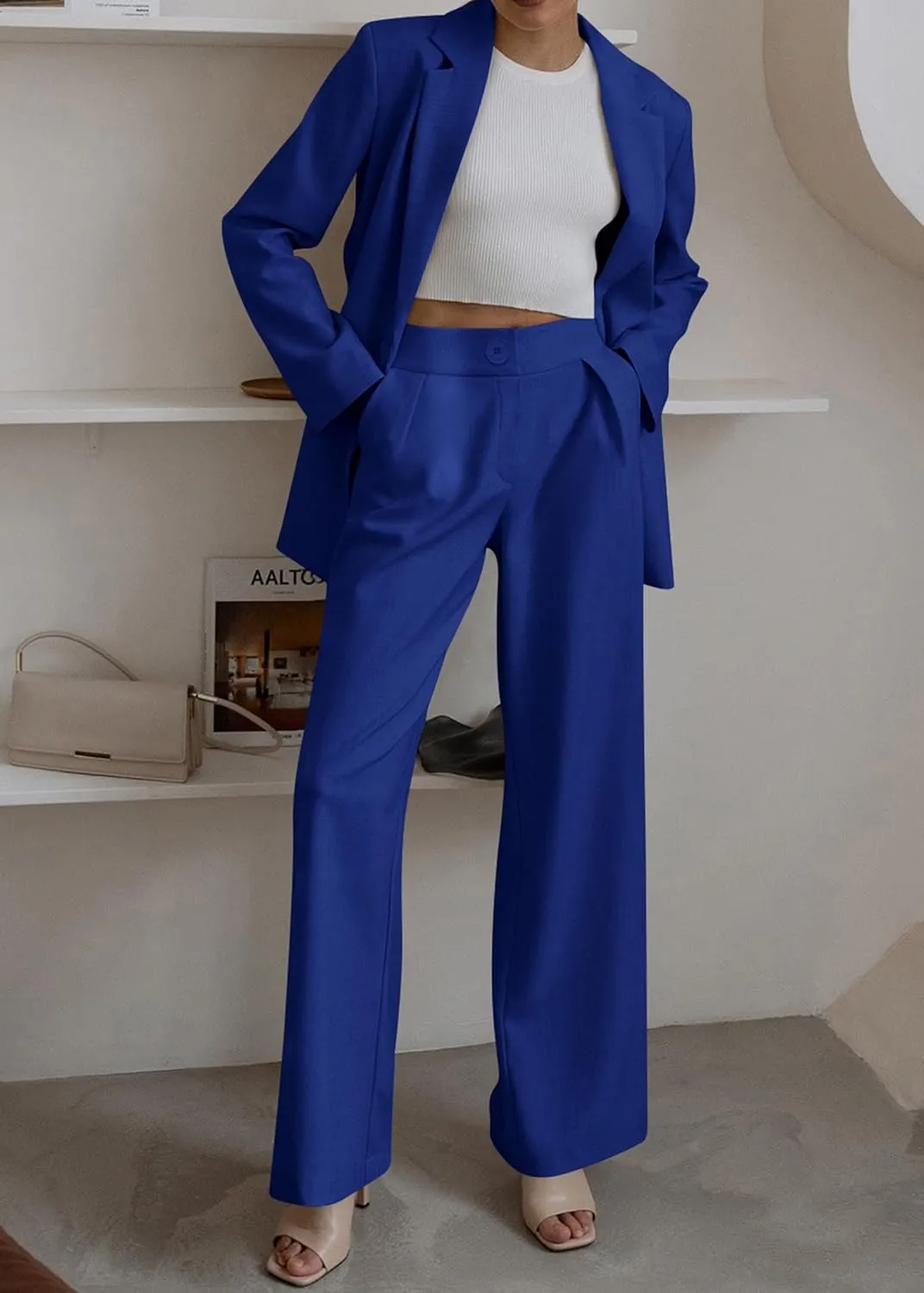 KIRUNDO Women's 2025 Spring Fall 2 Piece Blazer Set Casual Loose Long Blazer Jackets and Dressy Wide Leg Pant Suits Pockets