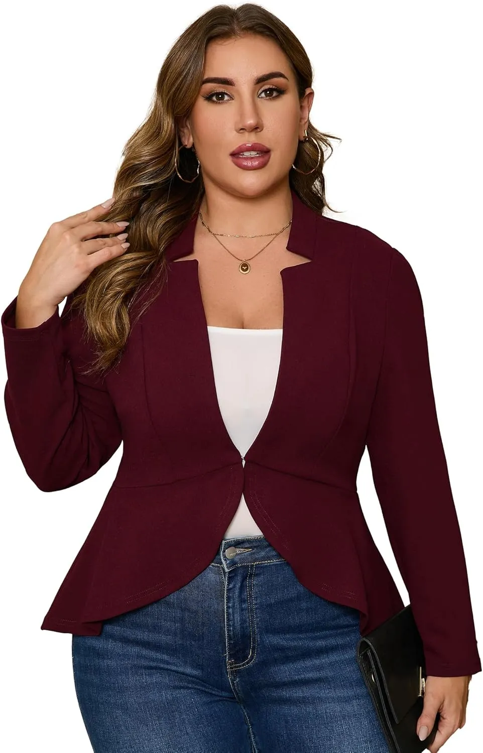 KOJOOIN Women's Plus Size Blazer Open Front Long Sleeve Ruffle Hem Oversized Coat Business Casual Suit Jacket