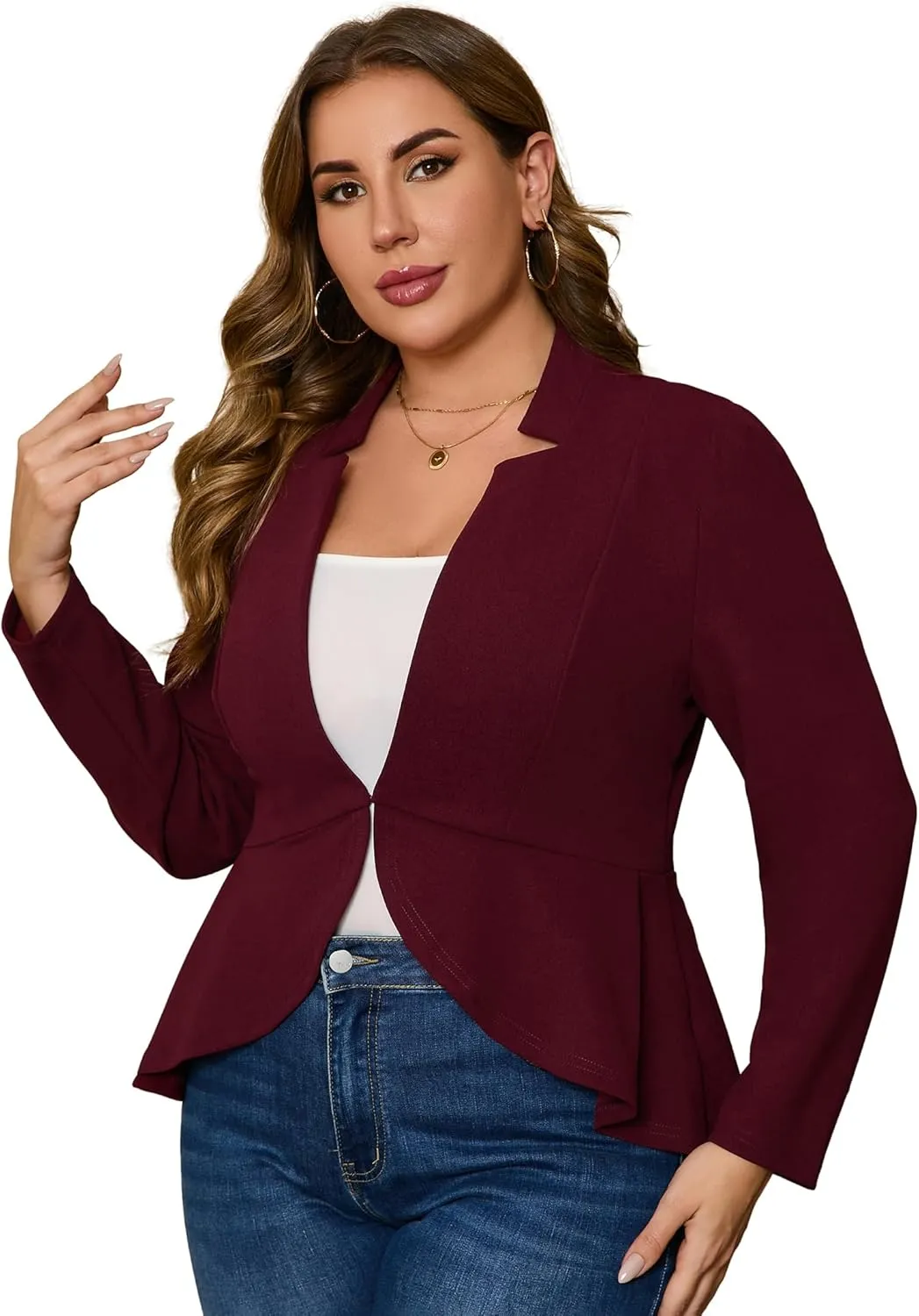 KOJOOIN Women's Plus Size Blazer Open Front Long Sleeve Ruffle Hem Oversized Coat Business Casual Suit Jacket