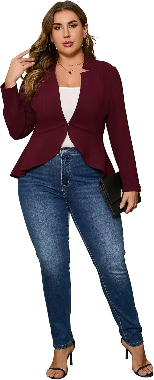 KOJOOIN Women's Plus Size Blazer Open Front Long Sleeve Ruffle Hem Oversized Coat Business Casual Suit Jacket