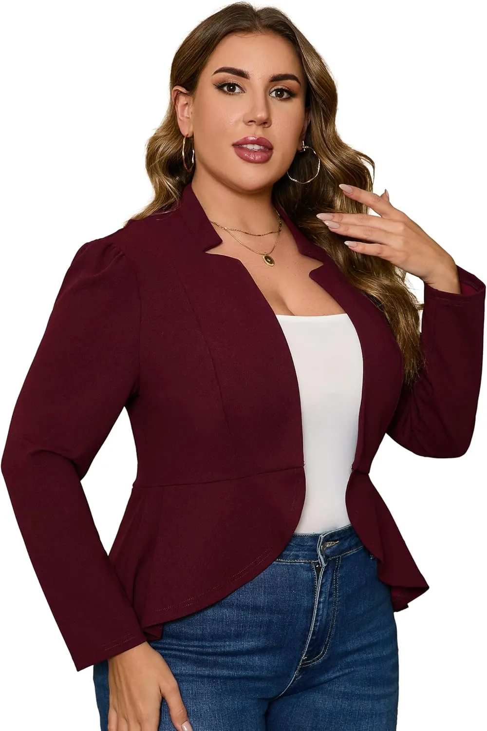 KOJOOIN Women's Plus Size Blazer Open Front Long Sleeve Ruffle Hem Oversized Coat Business Casual Suit Jacket