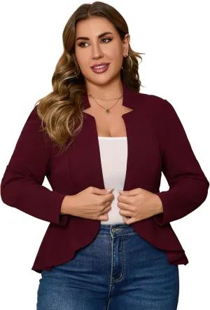 KOJOOIN Women's Plus Size Blazer Open Front Long Sleeve Ruffle Hem Oversized Coat Business Casual Suit Jacket