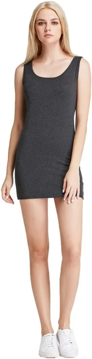 Liang Rou Women's Mini-Ribbed Stretch Scoop Neck Extra Long Tank Top