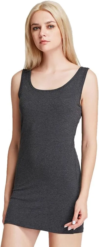 Liang Rou Women's Mini-Ribbed Stretch Scoop Neck Extra Long Tank Top