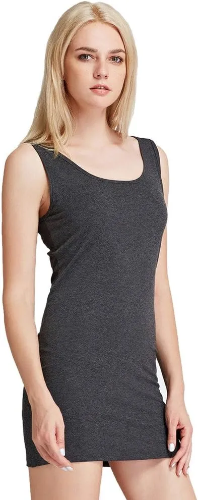 Liang Rou Women's Mini-Ribbed Stretch Scoop Neck Extra Long Tank Top