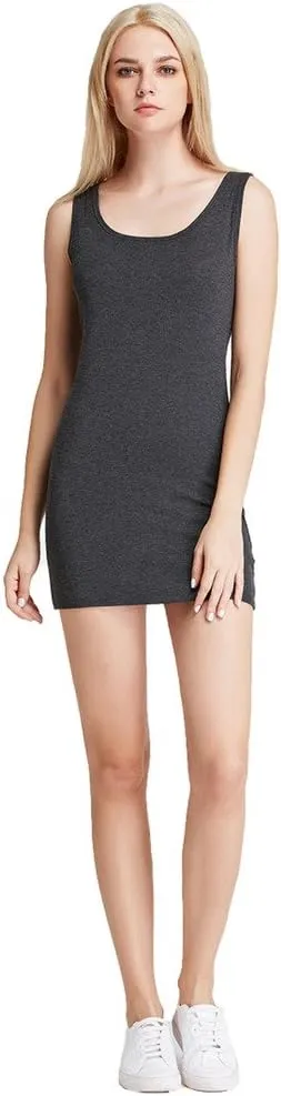 Liang Rou Women's Mini-Ribbed Stretch Scoop Neck Extra Long Tank Top