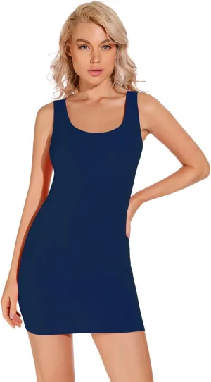Liang Rou Women's Mini-Ribbed Stretch Scoop Neck Extra Long Tank Top