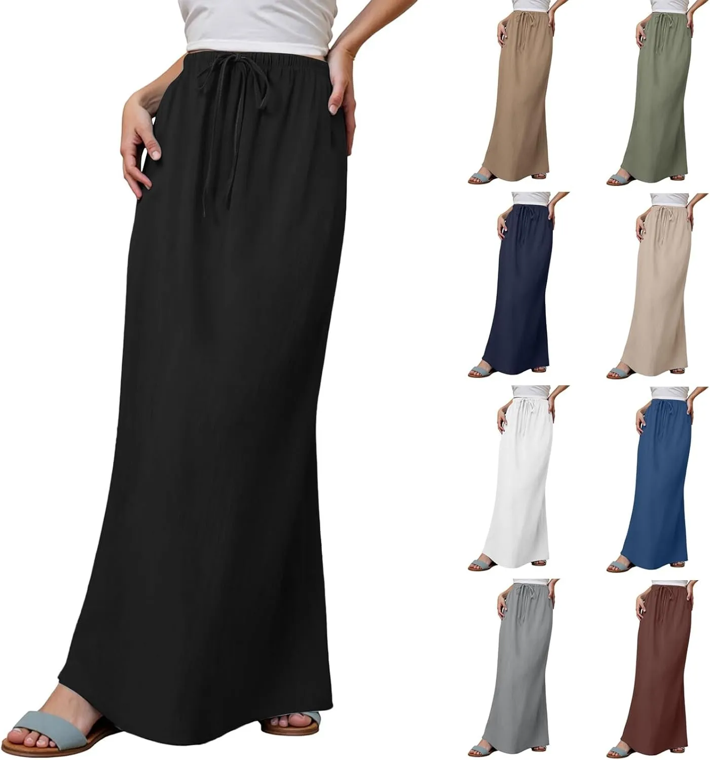 Linen Maxi Skirts for Women Summer Drawstring Waist A Line Skirts Cute Vacation Boho Beach Long Flowy Skirts