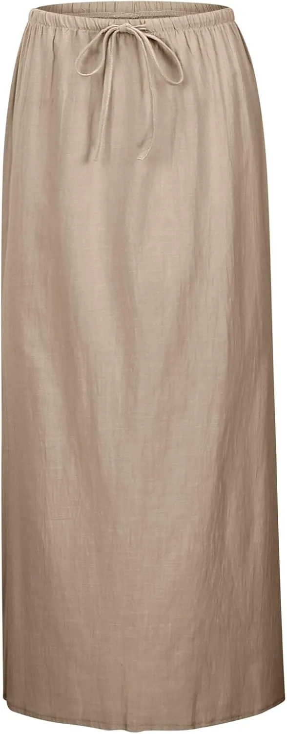 Linen Maxi Skirts for Women Summer Drawstring Waist A Line Skirts Cute Vacation Boho Beach Long Flowy Skirts