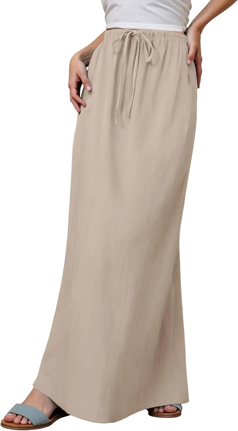 Linen Maxi Skirts for Women Summer Drawstring Waist A Line Skirts Cute Vacation Boho Beach Long Flowy Skirts