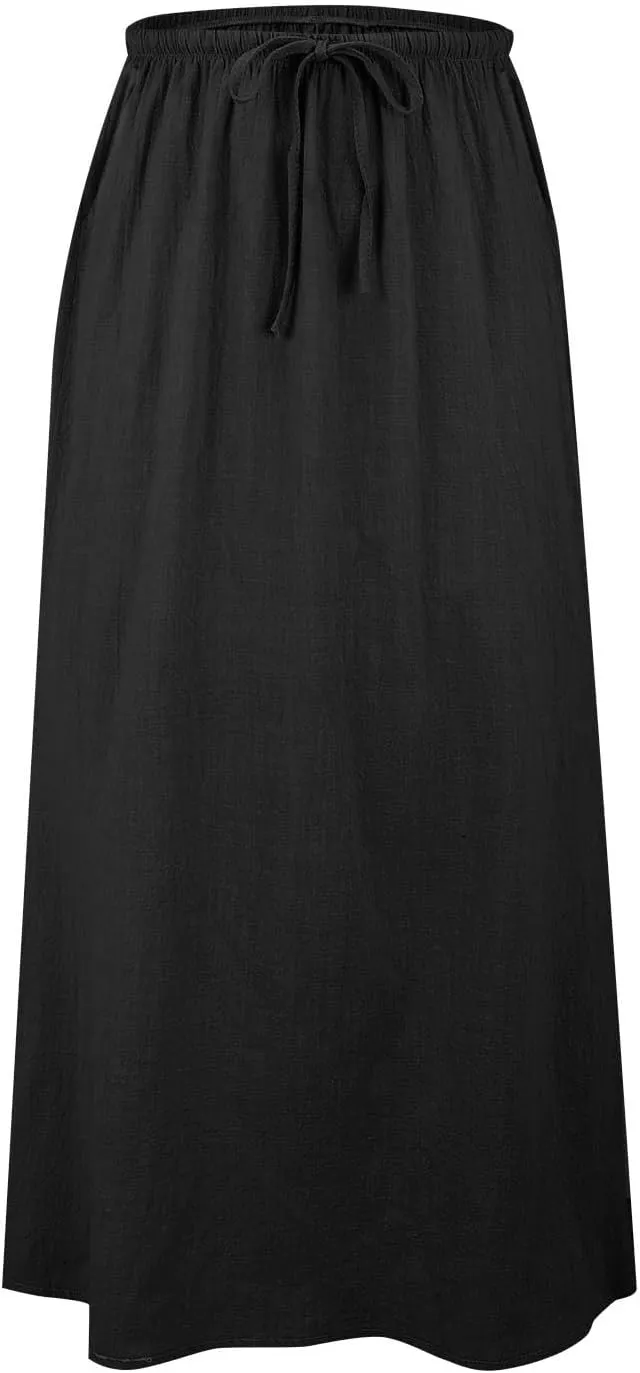 Linen Maxi Skirts for Women Trendy Casual Summer Drawstring Long A Line Skirt Comfy Flowy Boho Beach Vacation Skirt