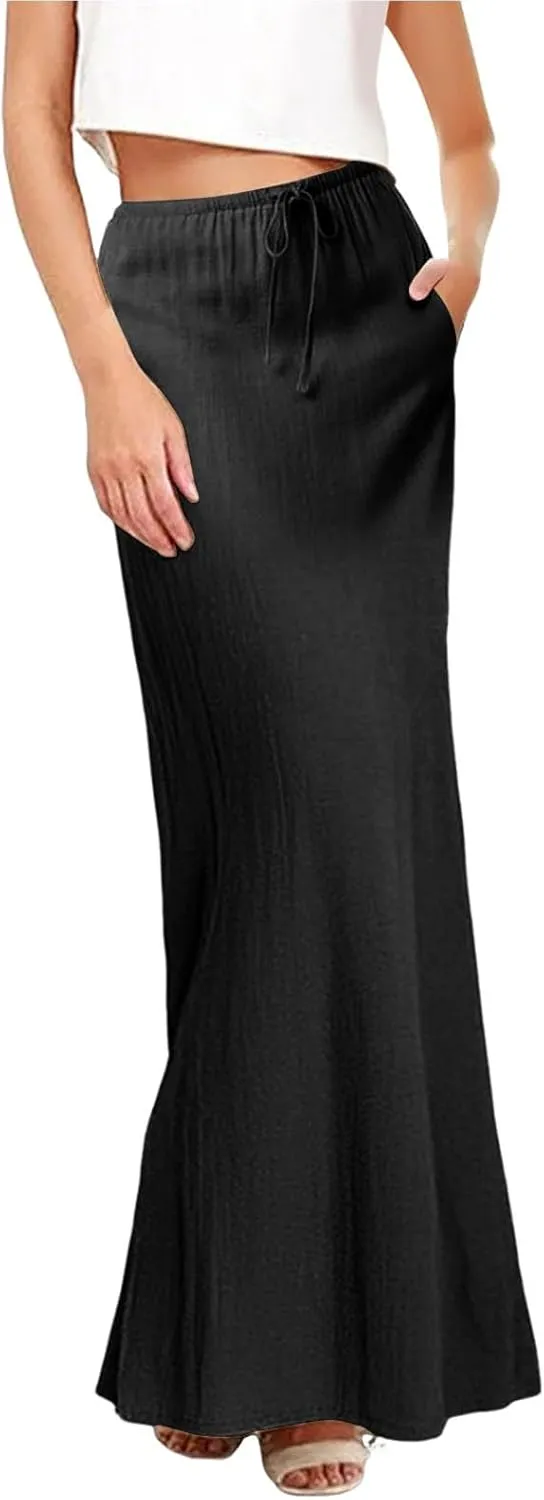 Linen Maxi Skirts for Women Trendy Casual Summer Drawstring Long A Line Skirt Comfy Flowy Boho Beach Vacation Skirt