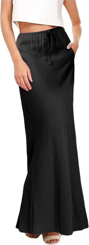 Linen Maxi Skirts for Women Trendy Casual Summer Drawstring Long A Line Skirt Comfy Flowy Boho Beach Vacation Skirt