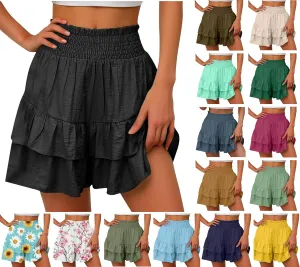 Linen Shorts for Women 2025 Summer Solid Color High Waisted Short with Floral Pleated Hem Casual Ruffle Baggy Shorts