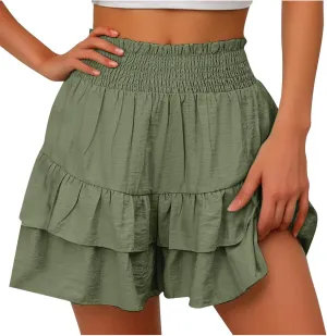 Linen Shorts for Women 2025 Summer Solid Color High Waisted Short with Floral Pleated Hem Casual Ruffle Baggy Shorts